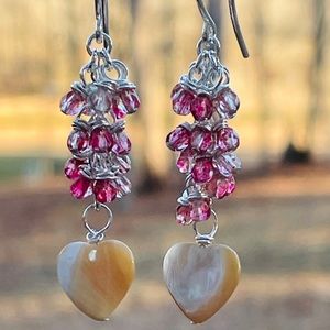Mother of Pearl Heart , beaded cluster Drop Earrings